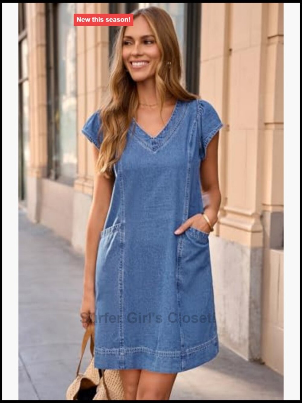 Short Sleeve V Neck Loose Denim Dress with Pockets Casual - Picture 6 of 7